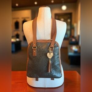 I Love Artesanal Embossed Faux Leather Backpack Forrest Green W Heart & Tassel